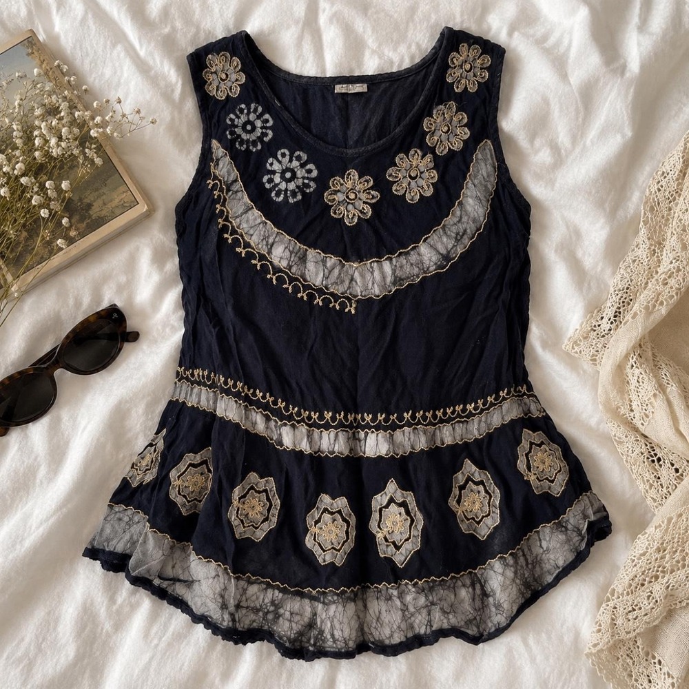 BoHo black top BoHo white embroidered top tank top
